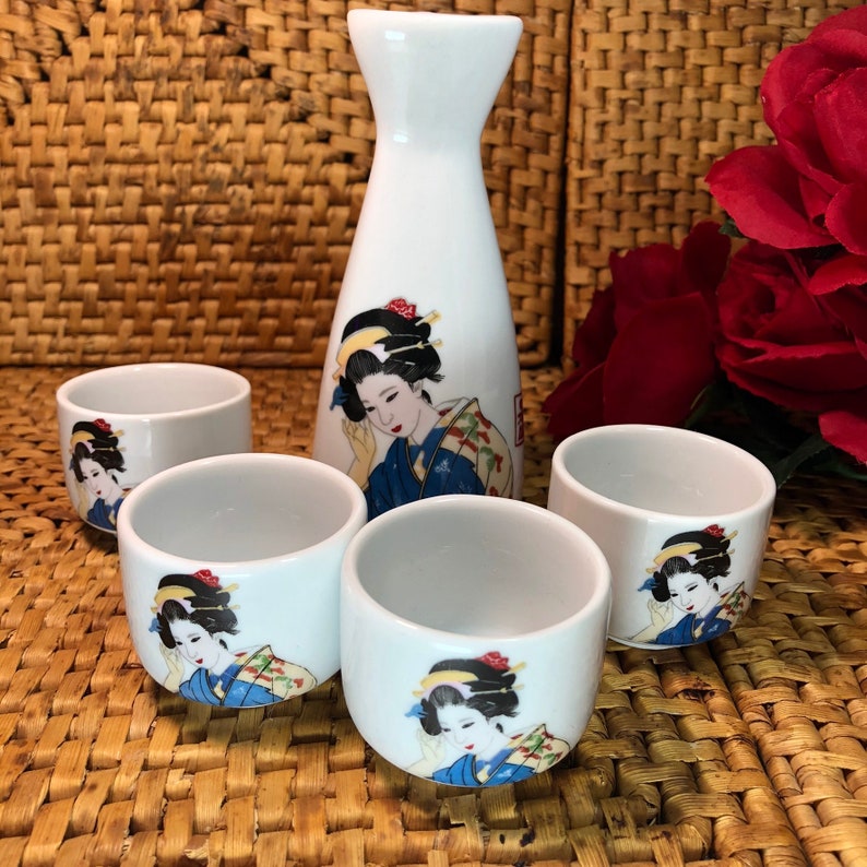 Sake Set in Geisha Design Set of 4 Cups and a Flask Asian Etsy