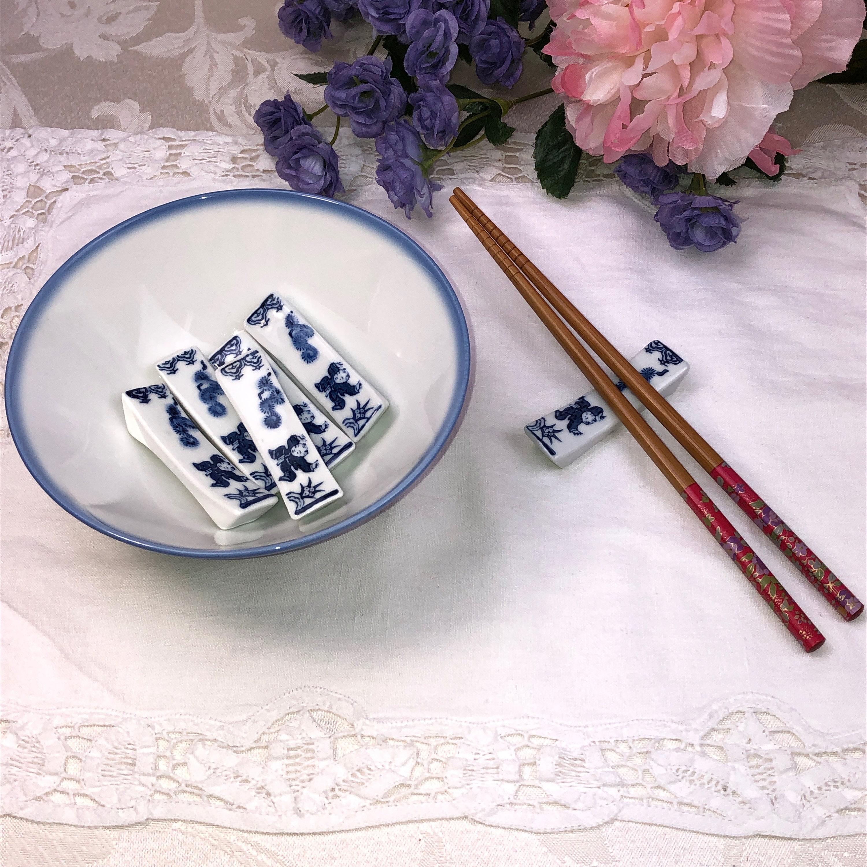 6 Chopsticks Holders in Blue and White with Bowl and Etsy