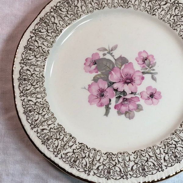 Homer Laughlin Dessert Plates, Set of 6, Pink Rose Design, Gold Verge and Edge, Farmhouse Decor, Mother's Day Gift