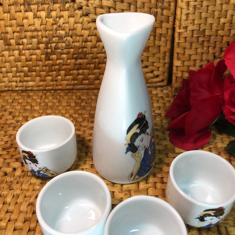 Sake Set in Geisha Design Set of 4 Cups and a Flask Asian Etsy
