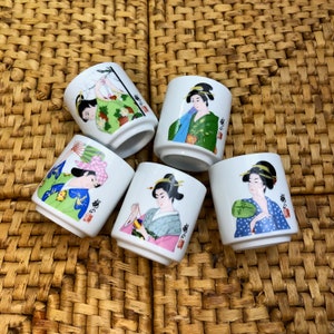 Sake Cups in Geisha Design, Set of 5 Sake Cups, Asian Decor, Rice Wine Cups, Shot Glasses, Farmhouse Decor, Replacement China
