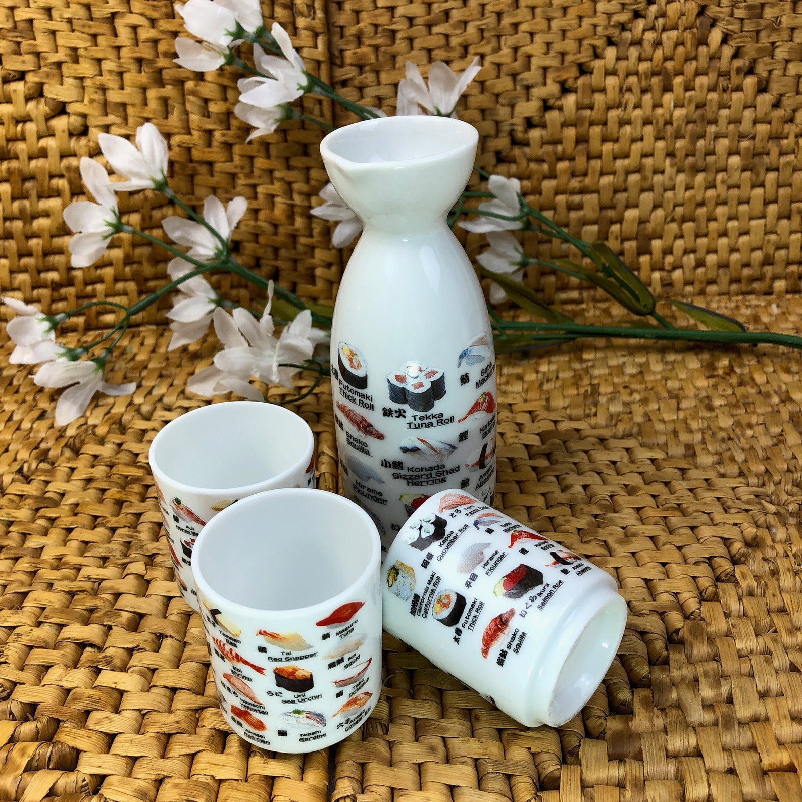 Sake set in sushi design sake flask with three sake cups Etsy