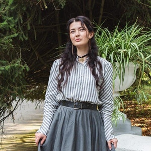 AMALIA printed linen shirt with stand collar, cottagecore blouse, linen top, classic shirt , vintage inspired blouse, shirt with gathers