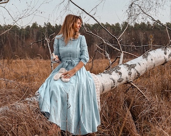 OPHELIA linen dress with peter pan collar, 3/4 sleeves, cottagecore dress, midi, maxi dress, evening retro dress, full circle dress, tucks