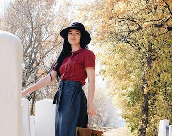 ODETTE Women Short Sleeved Shirt, Linen Top, Peter Pan Collar Blouse, Summer Casual Shirt, Retro Style Shirt, Linen Tshirt, Linen Tee