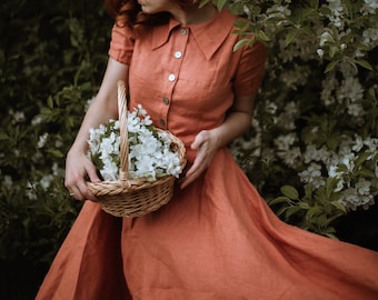 GRACE nauwsluitende linnen jurk met korte mouwen, midi-jurk, casual maxi-jurk, volledige cirkeljurk, jurk met zakken, cottagecore-jurk