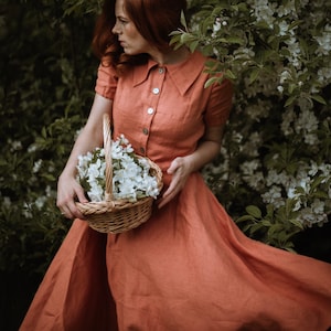 GRACE close fitting linen dress with short sleeves, midi dress, casual maxi dress, full circle dress, dress with pockets, cottagecore dress