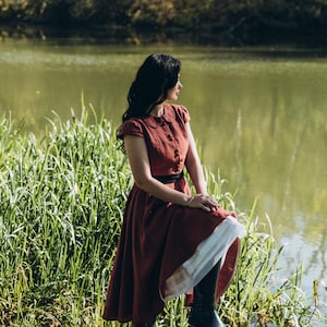 SABRINA linen dress with rounded collar, cup sleeves, cottagecore dress, midi, maxi, retro dress, short sleeves dress, full circle dress