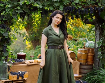 NICOLE Linen Full Circle Dress, Short Sleeve Cottagecore Retro Dress