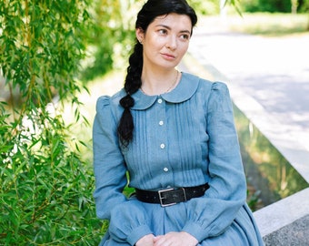 OPHELIA Women Linen Shirt with Long Sleeves, Peter Pan Collar Blouse, Cottagecore Shirt, Edwardian Blouse, Casual Top, Retro Style Shirt