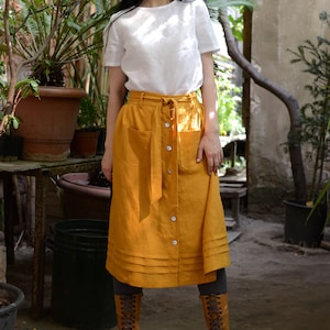 ELLA linen skirt, knee length skirt, ruffle skirt, skirt with pockets, front button skirt, over the knee skirt, midi casual skirt.