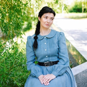 OPHELIA Women Linen Shirt with Long Sleeves, Peter Pan Collar Blouse, Cottagecore Shirt, Edwardian Blouse, Casual Top, Retro Style Shirt