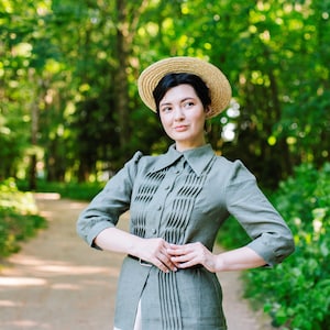 ANNE Women Linen Shirt with 3/4 Sleeves, Pointed Collar Blouse, Cottagecore Shirt, Edwardian Blouse, Casual Top, Retro Style Shirt