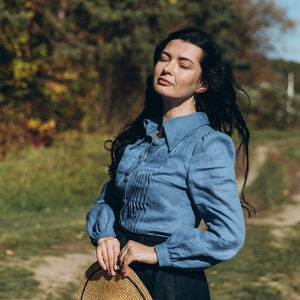 ANNE Women Linen Shirt with Long Sleeves, Pointed Collar Blouse, Cottagecore Shirt, Edwardian Blouse, Casual Top, Retro Style Shirt