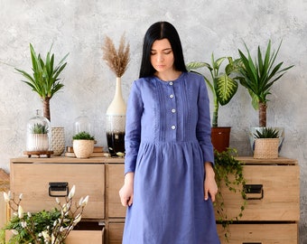 VIOLA basic loose fitting linen dress, long dress with tucks, front button dress with sleeves, pleated skirt and handmade embroidery