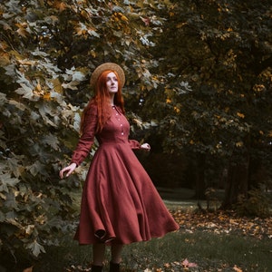 GRACE close fitting linen dress with long sleeves, midi dress, casual maxi dress, full circle dress, dress with pockets, cottagecore dress