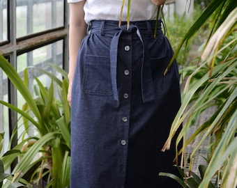 OLIVIA cotton skirt, knee length skirt, retro skirt, skirt with pockets, front button skirt, over the knee skirt, midi casual skirt.