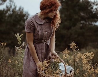 ODETTE short sleeve linen dress, cottagecore dress, midi dress, evening retro dress, peter pan collar, above the knee dress