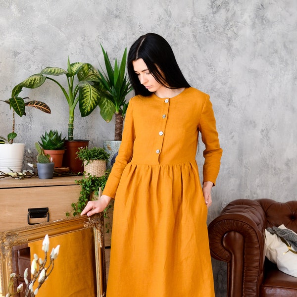 Basic loose fitting dress ROMANNA, high waist dress, dress with sleeves and smocked skirt, pleated dress with pockets, front button dress