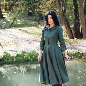 SERENA close fitting linen dress with 3/4 sleeves, midi dress, casual dress, full circle dress, dress with pockets, shirt dress, retro dress