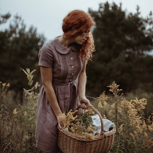 ODETTE short sleeve linen dress, cottagecore dress, midi dress, evening retro dress, peter pan collar, above the knee dress image 1