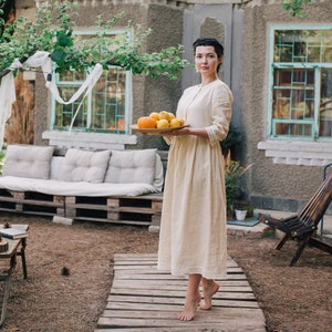 MATILDA MAXI linen dress, basic loose fitting dress, petticoat dress, gathered dress, 3/4 sleeve womens dress, maxi dress, casual dress