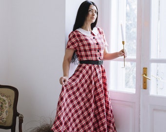 Robe en lin SCARLETT avec col pointu, manches courtes, robe cottage, midi, robe rétro, robe chemise, robe circulaire, robe à carreaux