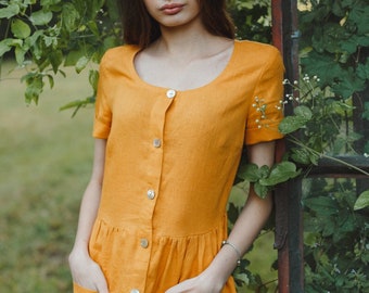 linen loose fitting dress OLIVIA, rustic dress, midi dress with sleeves, smocked dress, pleated dress with pockets, front button dress