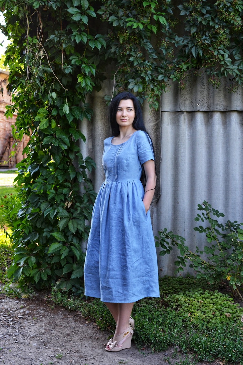 ELIZABETH Close Fitting Dress Natural Linen Midi Dress Etsy