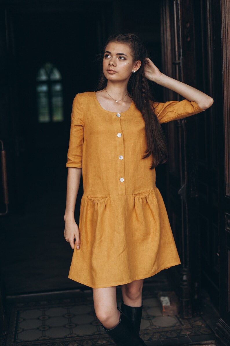 ELEANOR loose fitting linen dress low waist dress 3/4 sleeve | Etsy