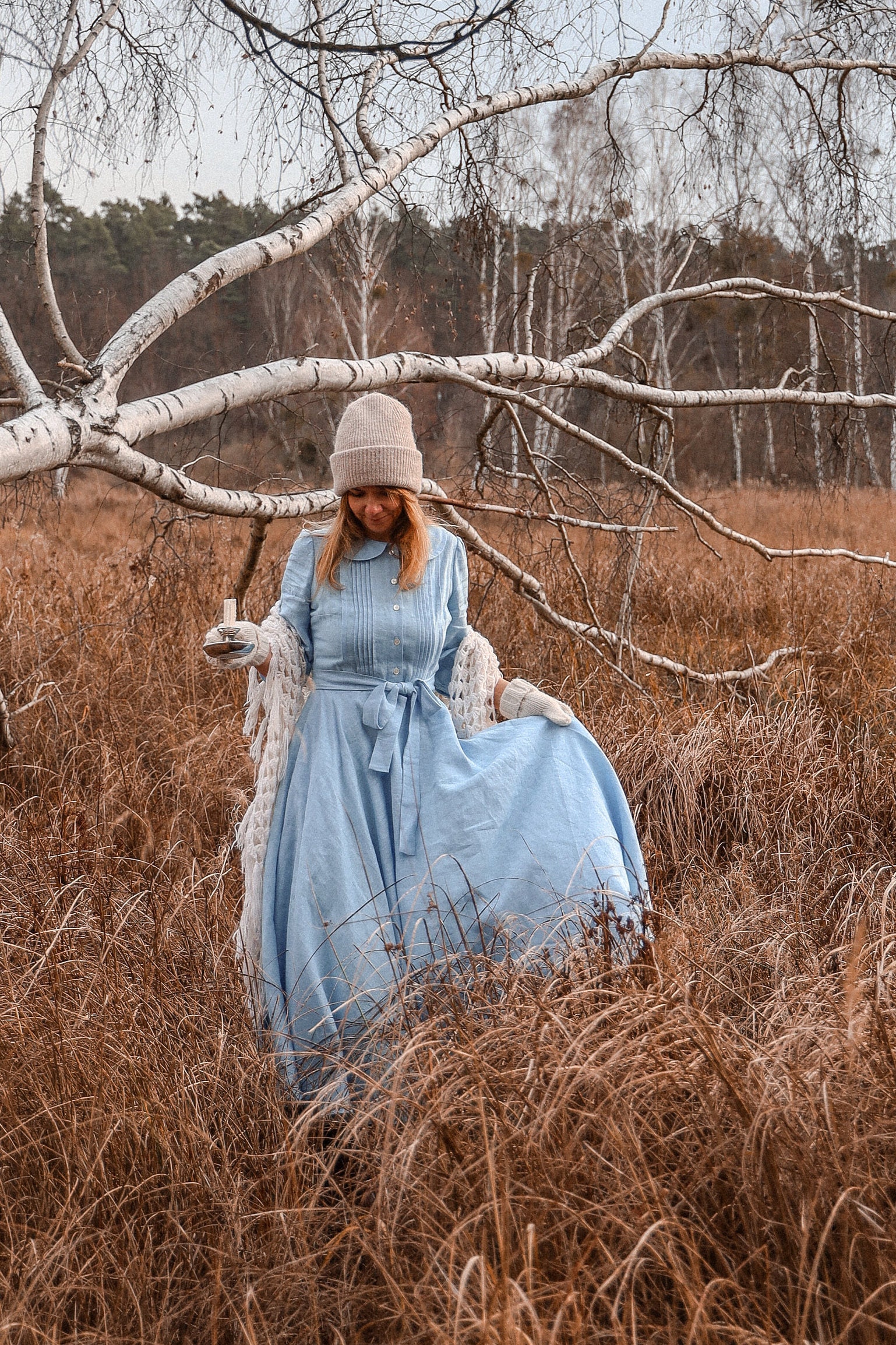 OPHELIA Linen Dress With Peter Pan Collar, 3/4 Sleeves