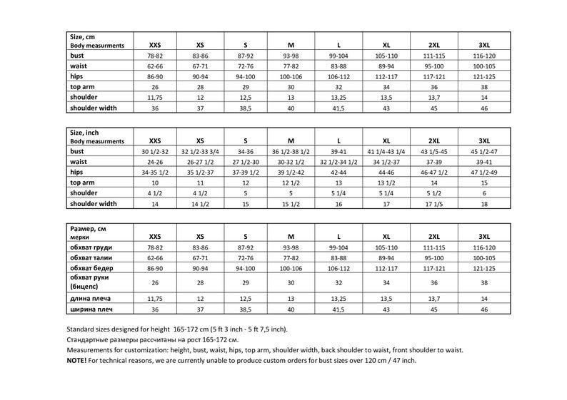 K&ouml;nnte beinhalten: Eine Gr&ouml;&szlig;entabelle f&uuml;r Kleidung in Zoll und Zentimetern. Die Tabelle enth&auml;lt Ma&szlig;e f&uuml;r Brustumfang, Taille, H&uuml;fte, Oberarm, Schulter und Schulterbreite. Die Tabelle ist f&uuml;r die Gr&ouml;&szlig;en XXS bis 3XL.