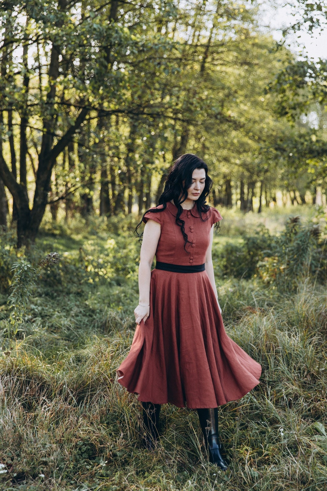 SABRINA Linen Dress With Rounded Collar, Cup Sleeves, Cottagecore Dress ...