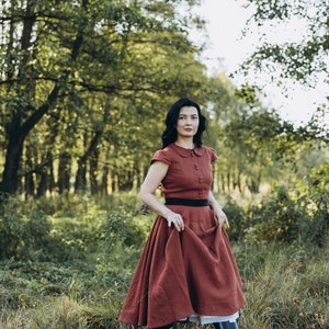 SABRINA Linen Dress With Rounded Collar, Cup Sleeves, Cottagecore Dress ...