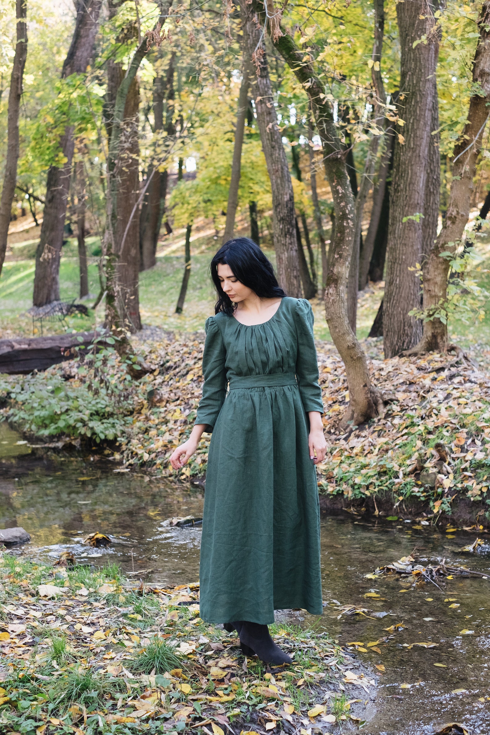 KEIRA Maxi Close Fitting Linen Dress Dress With Gathered - Etsy