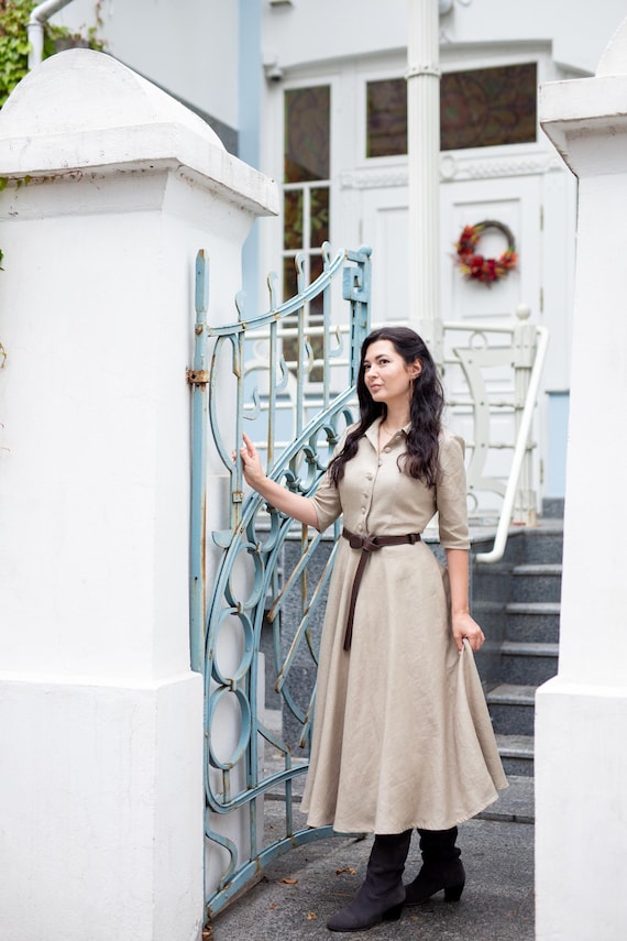 Jane Linen Dress with 3/4 Sleeves, Midi Dress, Pointed Collar, Half Circle Dress, Dress with Pockets, Classic Shirt Dress, Retro Dress