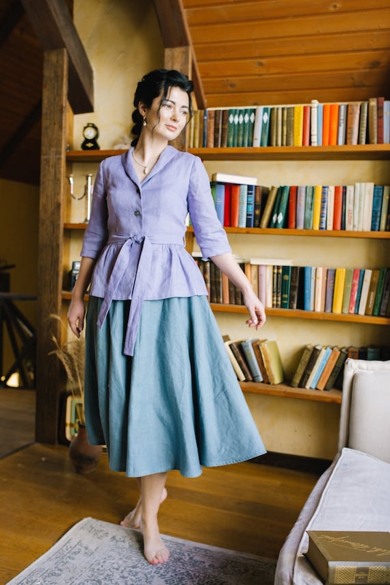AUDREY Linen Shirt, 3/4 Sleeve Top, Shawl Collar Blouse