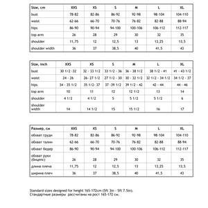 Puede incluir: Tabla de tallas para ropa en pulgadas y cent&iacute;metros. La tabla incluye medidas de busto, cintura, caderas, parte superior del brazo, hombro y ancho de hombros. La tabla est&aacute; dise&ntilde;ada para alturas entre 1,65 metros y 1,72 metros.