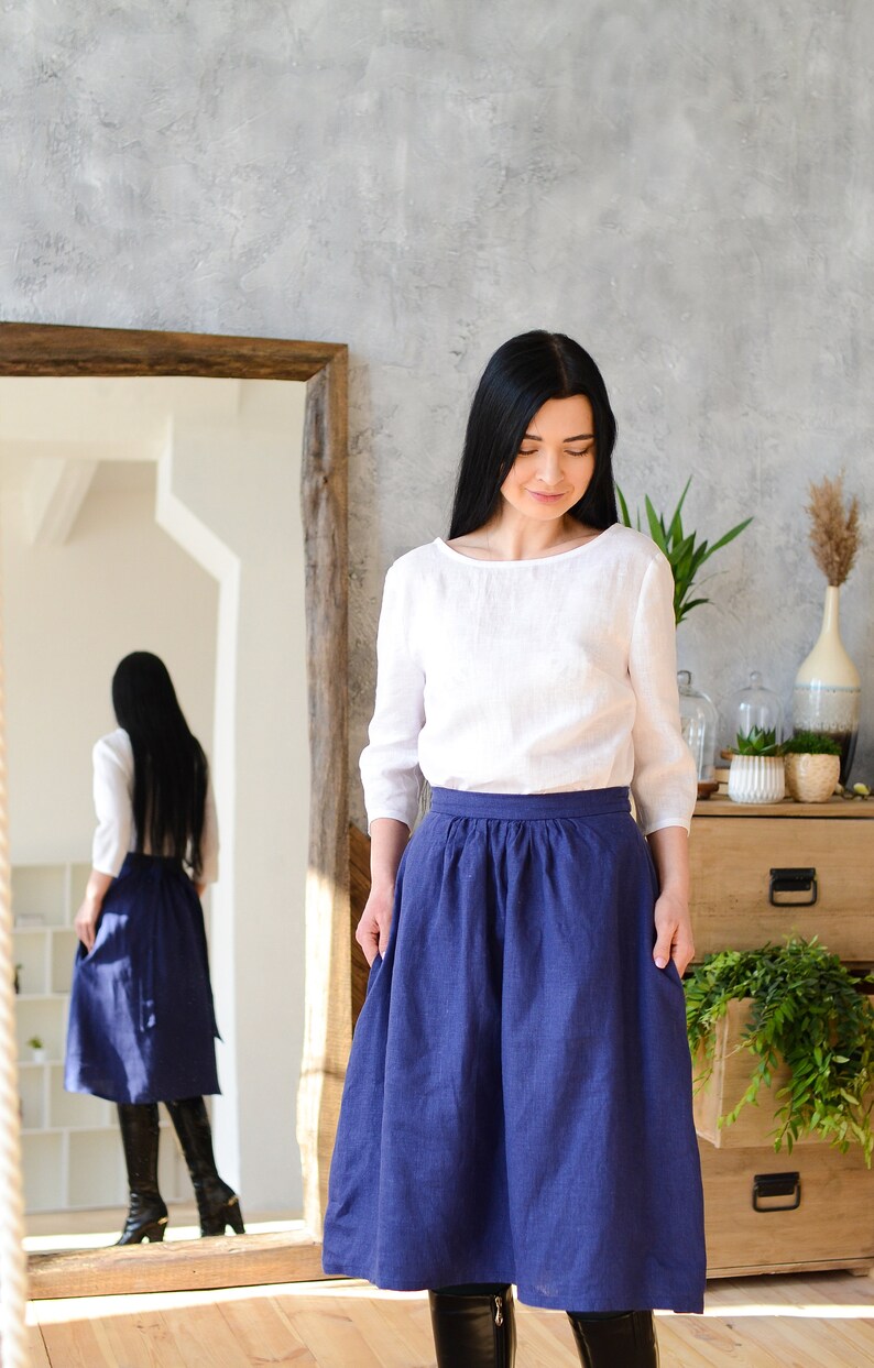 below the knee skirt A-line skirt with pockets and belt KEIRA smock asymmetric linen skirt high waist skirt