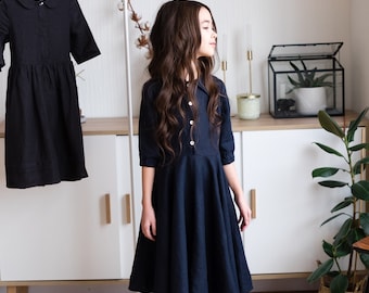 GRACE Girl Linen Dress with 3/4 sleeves, kids midi dress, casual dress, full circle skirt dress, cottagecore dress, classic girl dress,