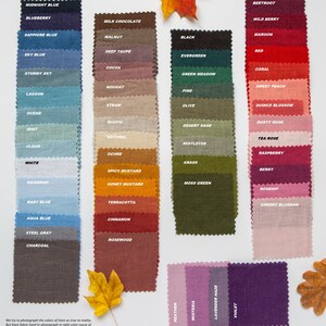May include: A color chart of 48 linen fabric swatches with names like Midnight Blue, Blueberry, Milk Chocolate, Walnut, Deep Taupe, and more.