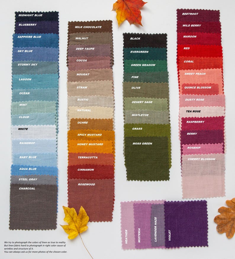May include: A color chart of 48 linen fabric swatches with names like Midnight Blue, Blueberry, Milk Chocolate, Walnut, Deep Taupe, and more.