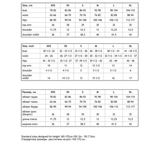 May include: A size chart for clothing in both inches and centimeters. The chart includes sizes for XXS, XS, S, M, L, and XL. The measurements are for bust, waist, hips, top arm, shoulder, and shoulder width.