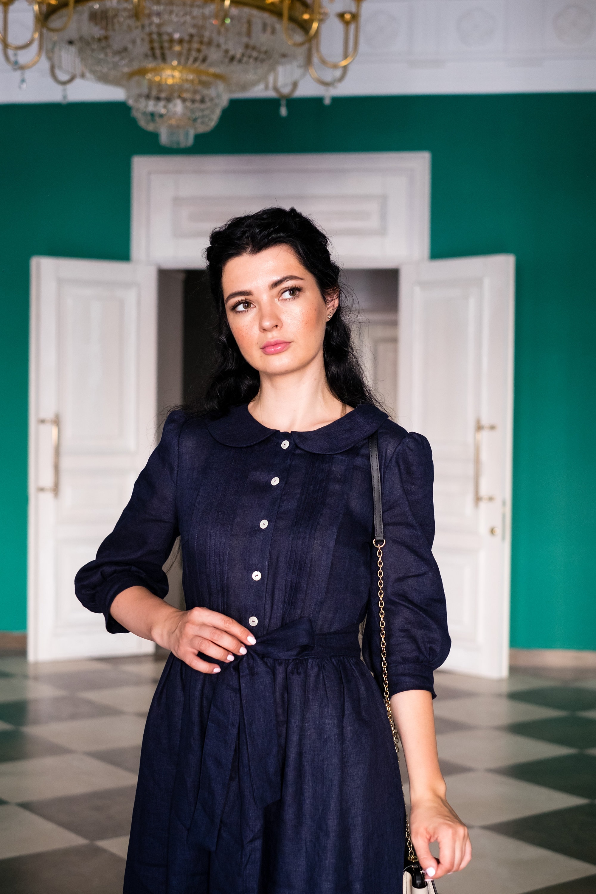 Odette Linen Dress with 3/4 Sleeves, Cottagecore Dress, Midi Dress, Maxi, Evening Retro Dress, Peter Pan Collar, Shirt Dress