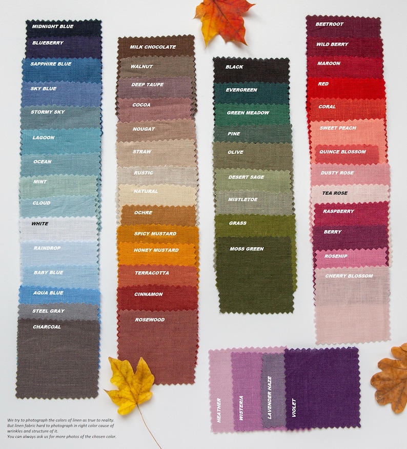 May include: A color chart of 48 linen fabric swatches with names like Midnight Blue, Blueberry, Milk Chocolate, Walnut, Deep Taupe, and more.