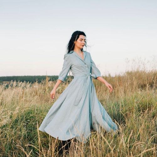 Swann Close Fitting Linen Dress, 3/4 Sleeves, Shawl Collar Dress , Cottagecore Dress, Full Circle Dress, Dress with Pockets, Retro Dress