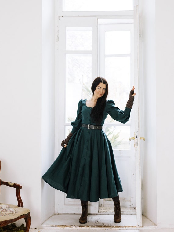 cottagecore puffy dress WENDY Linen Cottagecore Dress With Long Puffy Flared Sleeves