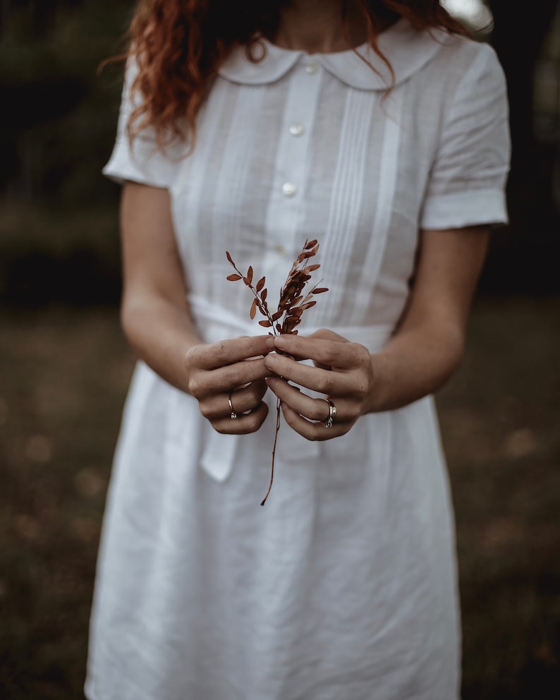 ODETTE short sleeve linen dress, cottagecore dress, midi dress, evening retro dress, peter pan collar, above the knee dress image 3