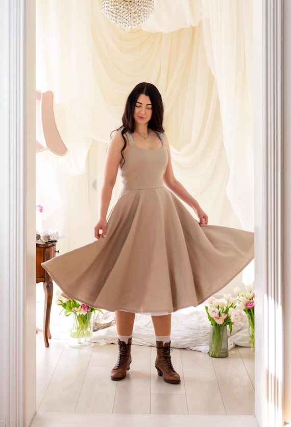 IRENE linen full circle sundress with adjustable straps, sleeveless dress, cottagecore dress, retro dress, classic dress, full circle dress