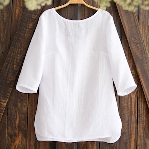 Women's loose fitting linen blouse with sleeves, open back and handmade embroidery, LILY blouse image 5